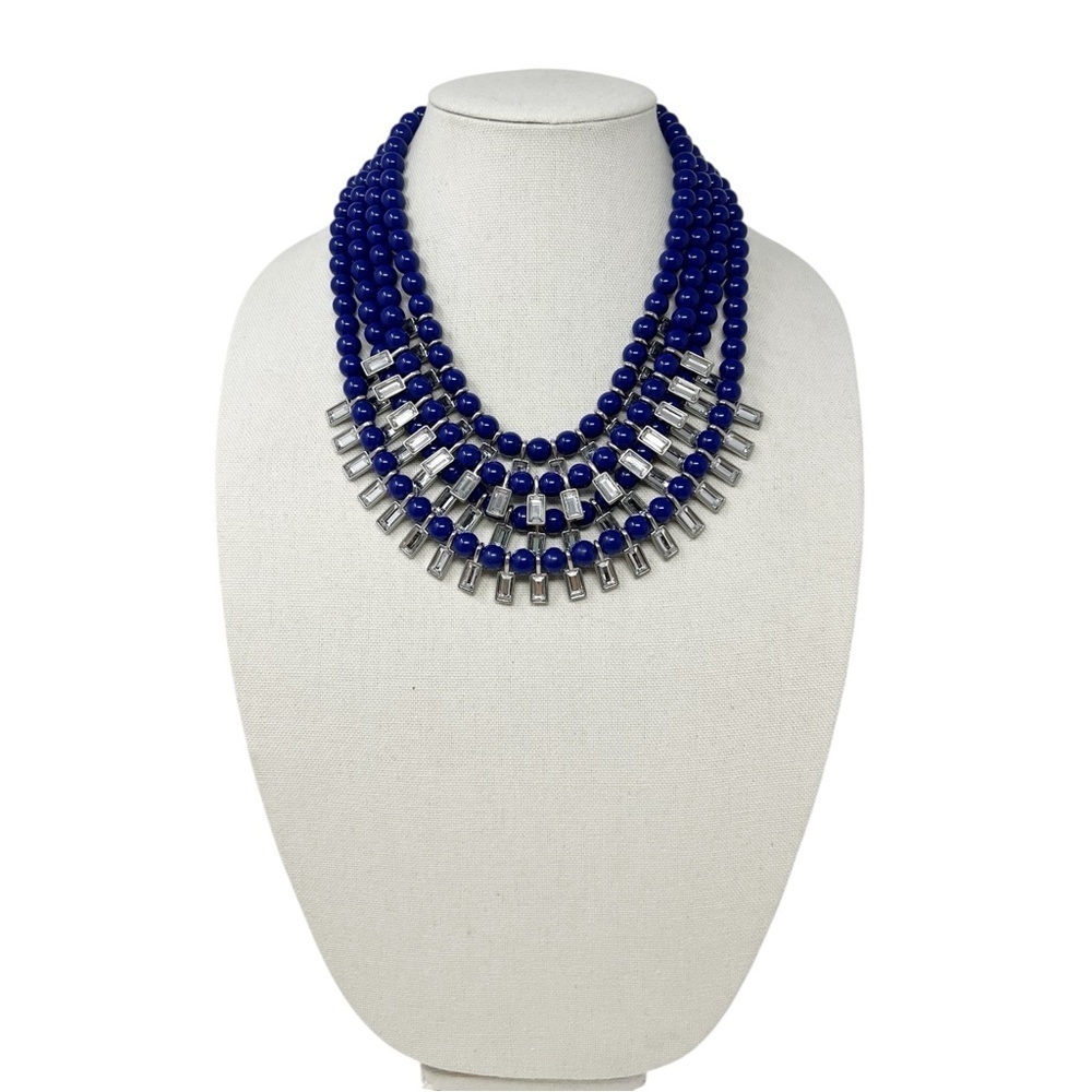 Banana Republic Bold 4 Strand Blue Bead & Rhinestone Statement Necklace